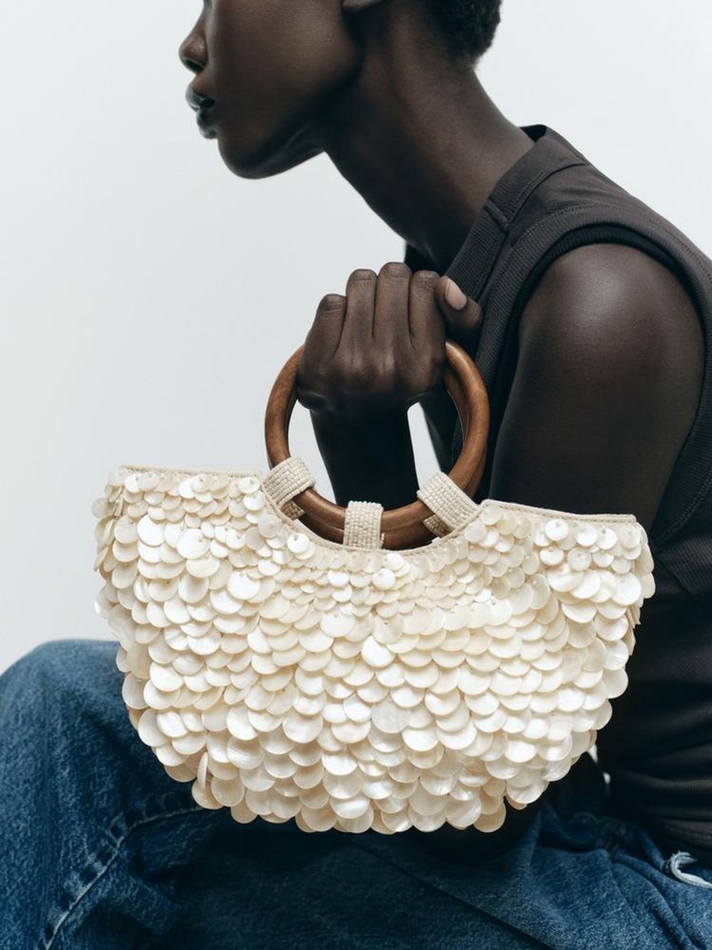 Beaded Handle Ivory Sequin Handbag
